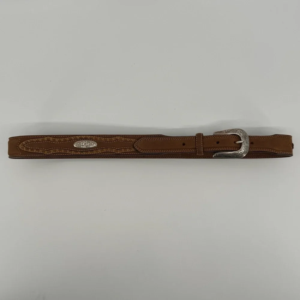 Vtg Justin Belt Mens 36 Brown Leather Silver Tone Buckle Concho Western Cowboy